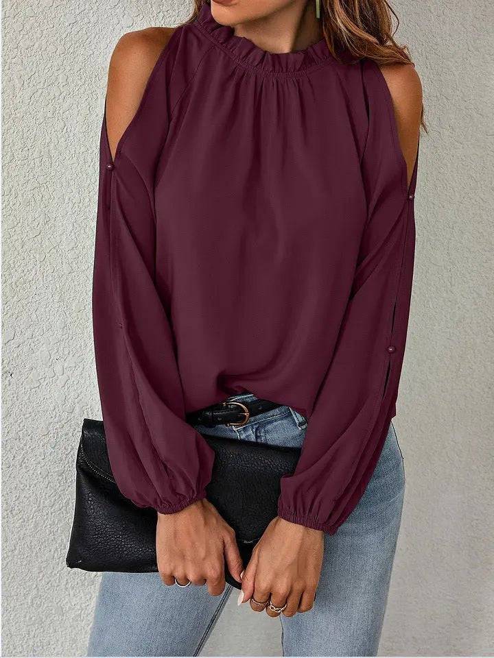 Elegant Autumn Winter Women's Off-Shoulder Blouse with Lotus Leaf Detail  S Burgundy 