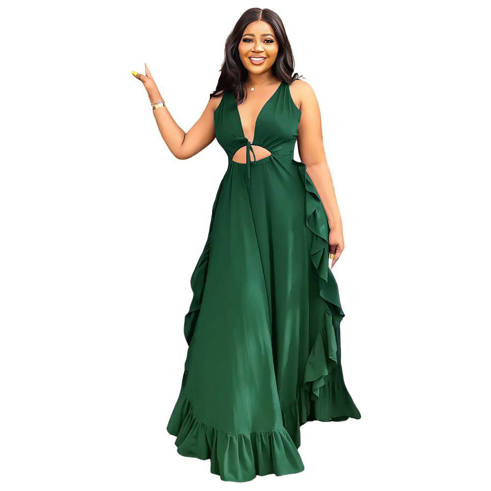 Elegant Backless High Waist Crop Top Dress with Ruffle Detail  S Green 