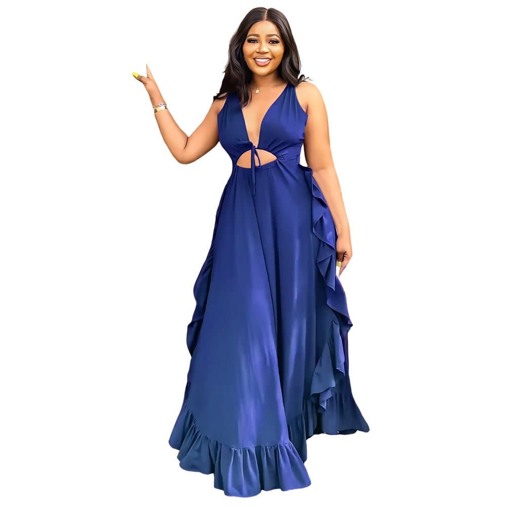 Elegant Backless High Waist Crop Top Dress with Ruffle Detail  S Blue 