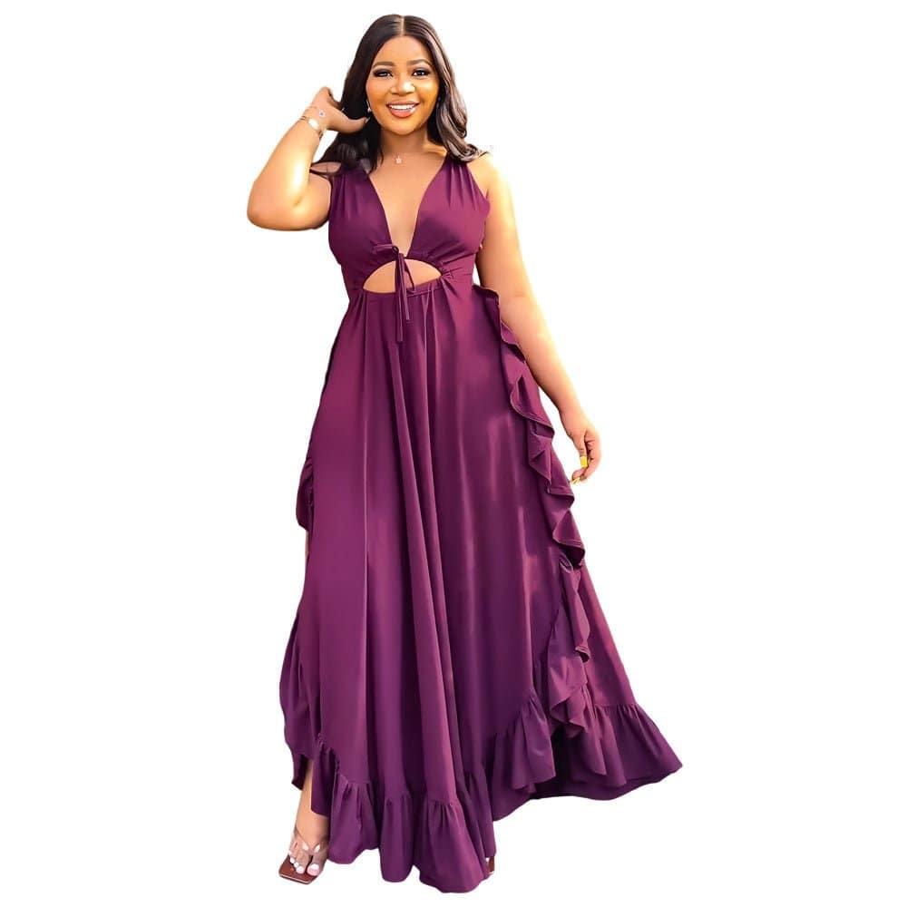 Elegant Backless High Waist Crop Top Dress with Ruffle Detail  S Purple 