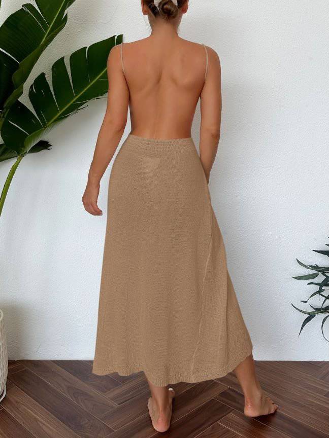 Elegant Backless Knitted Maxi Dress with Halterneck and Tassel Details    