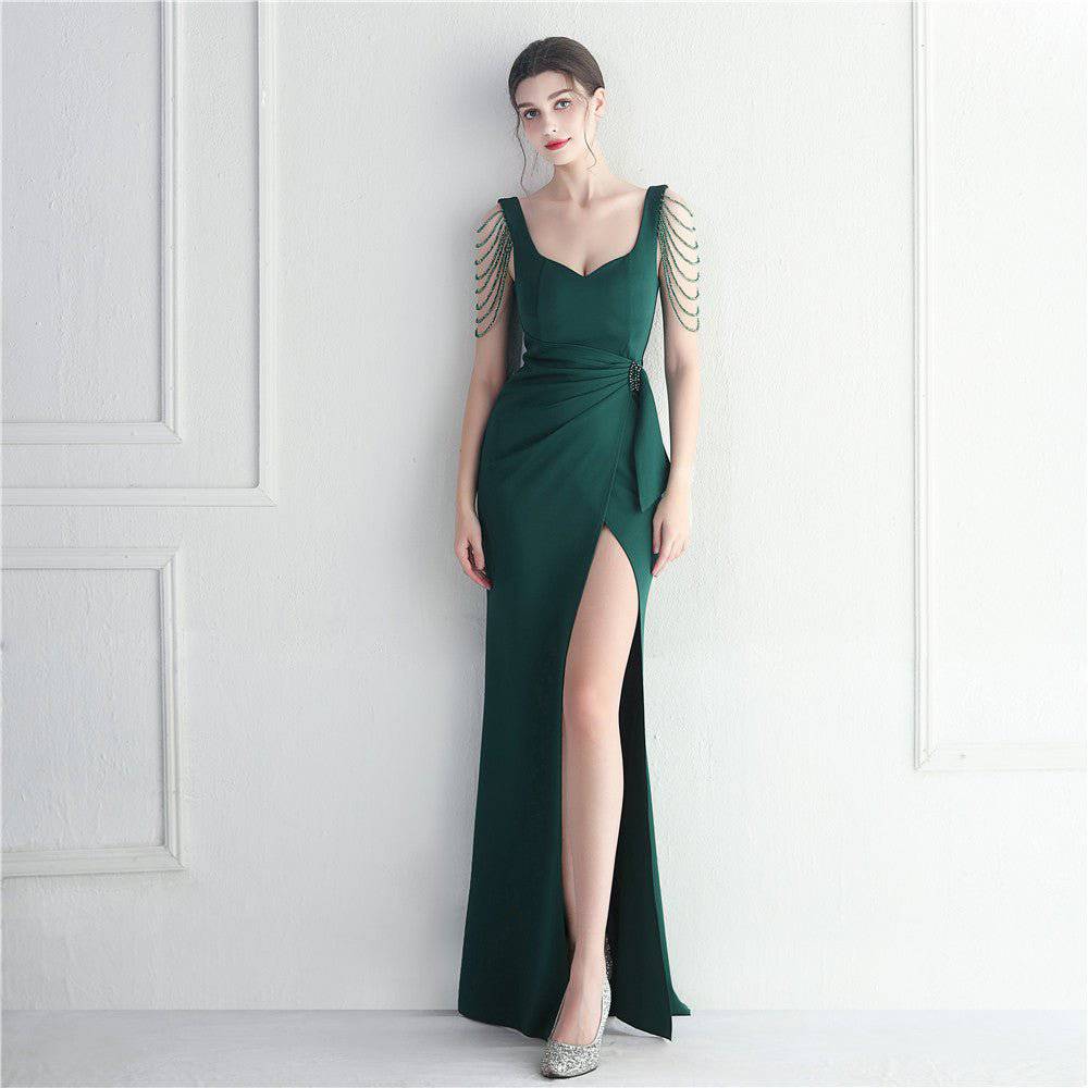 Elegant Beaded Evening Maxi Dress with V-Neck and Slit  S Green 