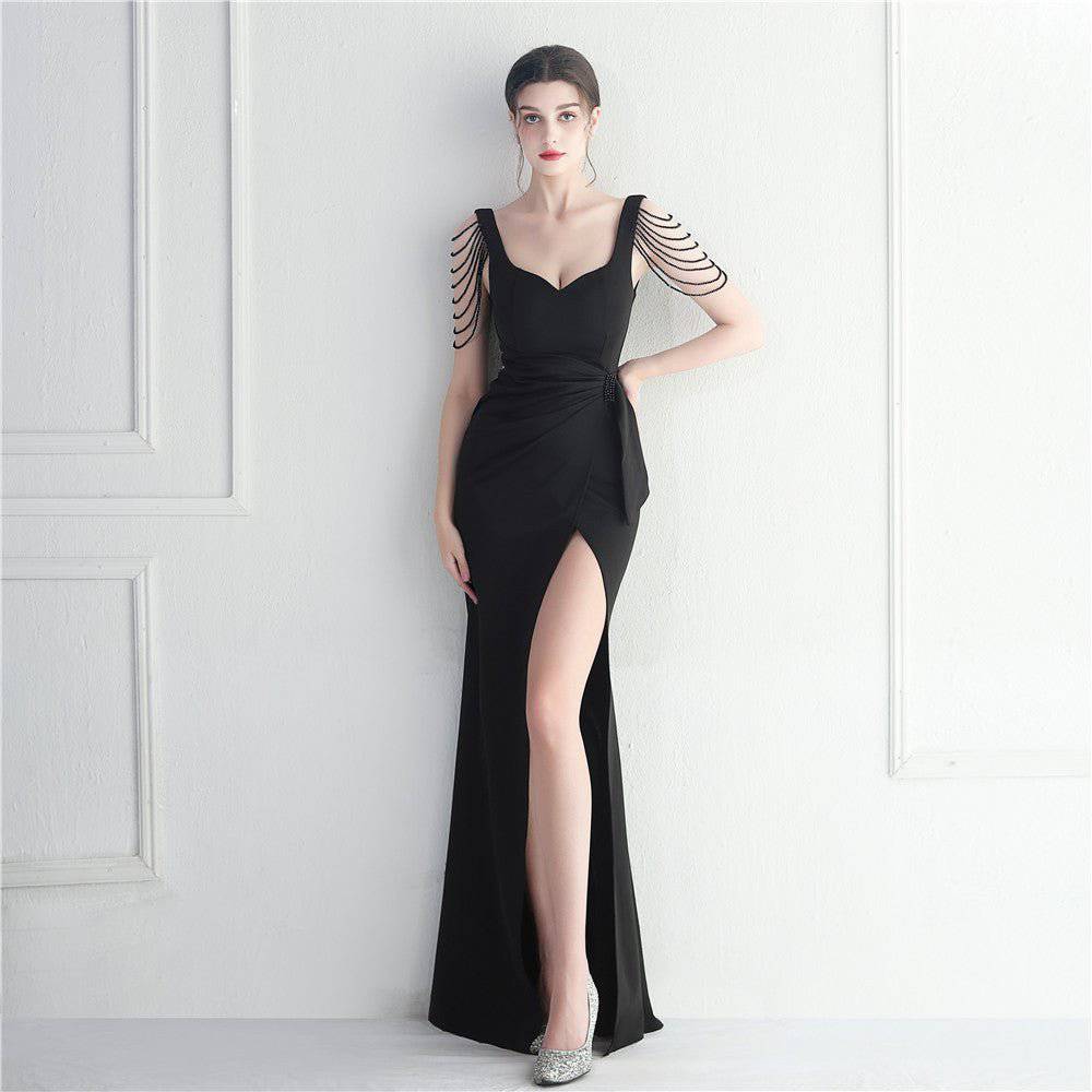 Elegant Beaded Evening Maxi Dress with V-Neck and Slit  S Black 