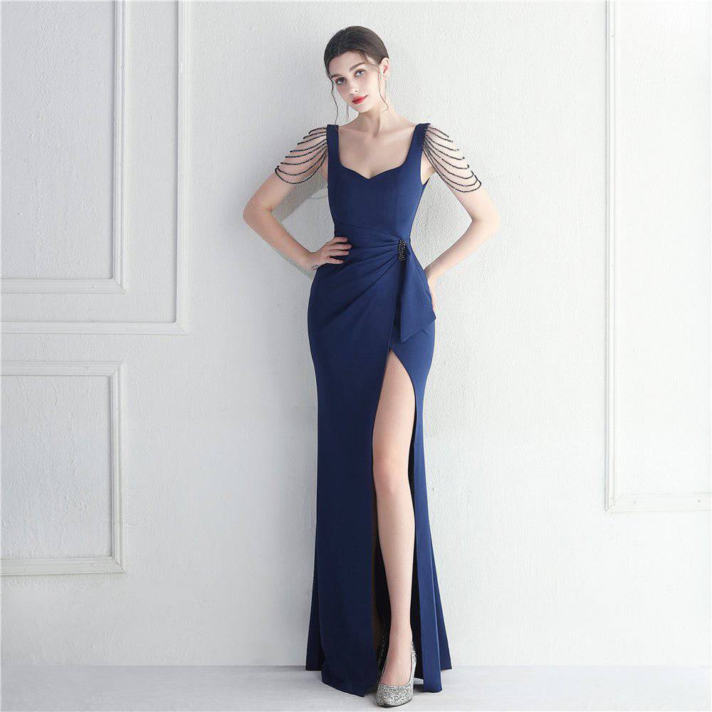 Elegant Beaded Evening Maxi Dress with V-Neck and Slit  S purplish blue 