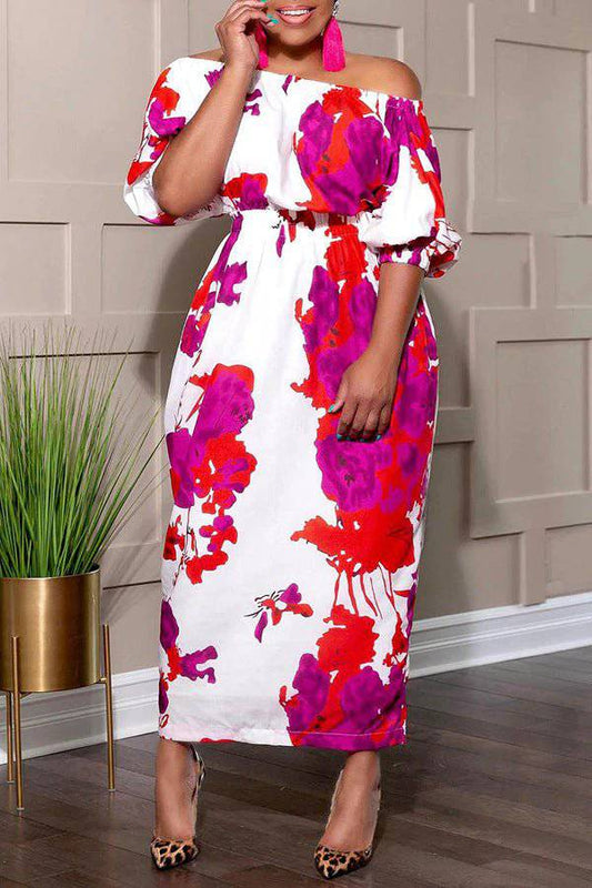 Elegant Boho-inspired Plus Size Floral Off-Shoulder Dress    