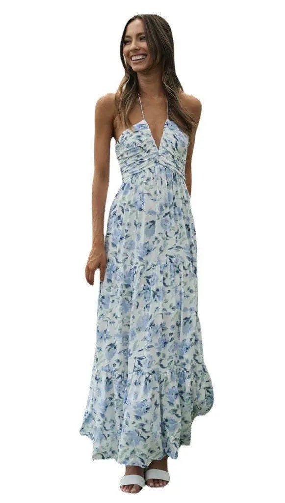 Elegant Boho Maxi Dress with V-Neck: Sleeveless Chic Glamour Vacation S Blue Azure dream 