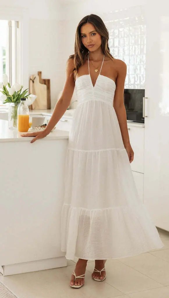 Elegant Boho Maxi Dress with V-Neck: Sleeveless Chic Glamour Vacation S White Pure radiance 