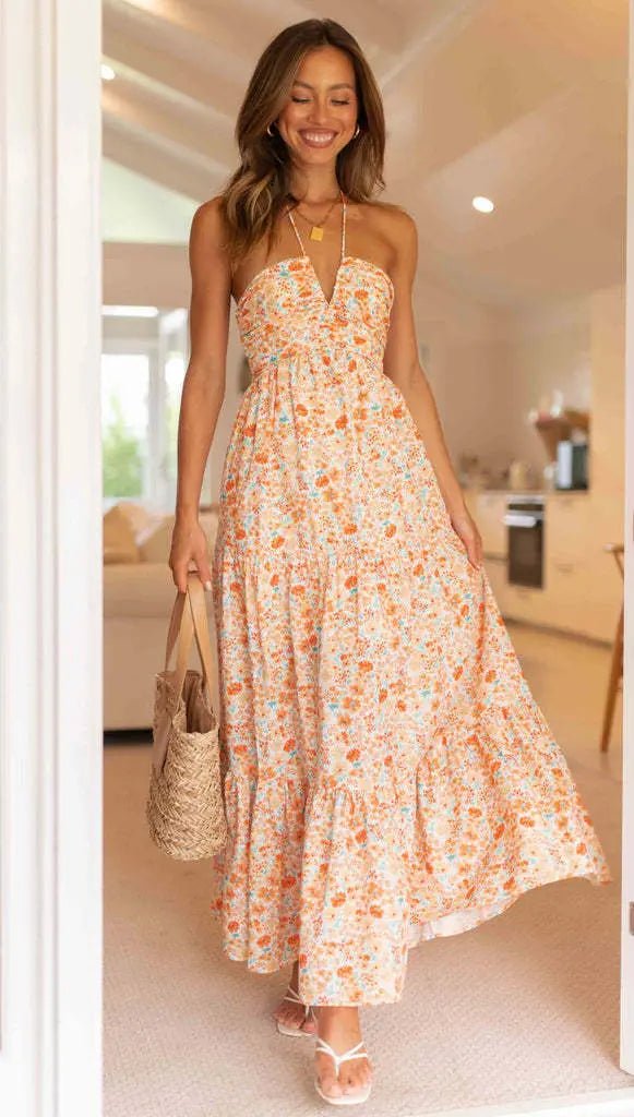 Elegant Boho Maxi Dress with V-Neck: Sleeveless Chic Glamour Vacation S Orange Sunset Bliss 