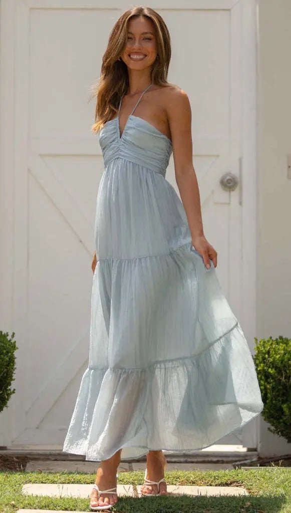 Elegant Boho Maxi Dress with V-Neck: Sleeveless Chic Glamour Vacation S Blue Tranquil twilight 