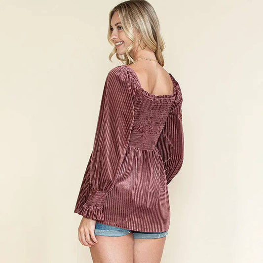 Elegant Corduroy Off-The-Shoulder Women's Top with Ruffle Sleeves    