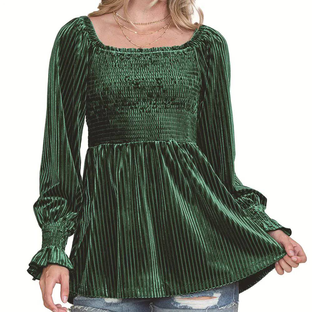 Elegant Corduroy Off-The-Shoulder Women's Top with Ruffle Sleeves  S Green 