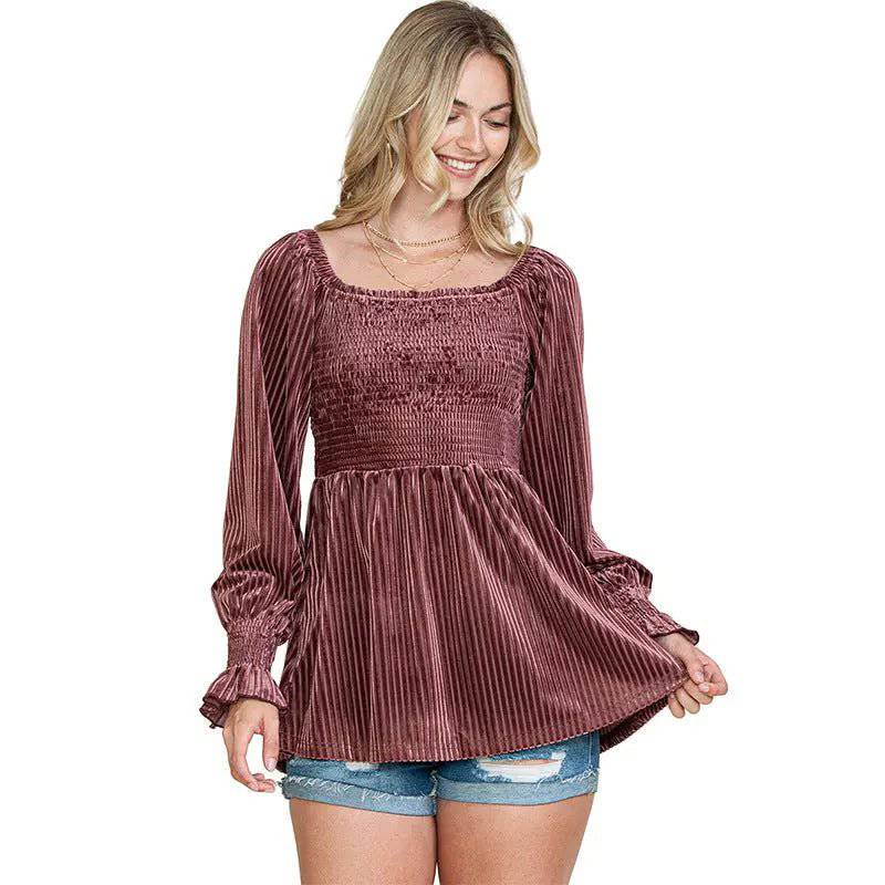 Elegant Corduroy Off-The-Shoulder Women's Top with Ruffle Sleeves  S Pink 