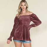 Elegant Corduroy Off-The-Shoulder Women's Top with Ruffle Sleeves    