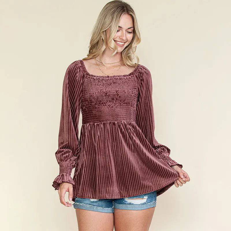 Elegant Corduroy Off-The-Shoulder Women's Top with Ruffle Sleeves    