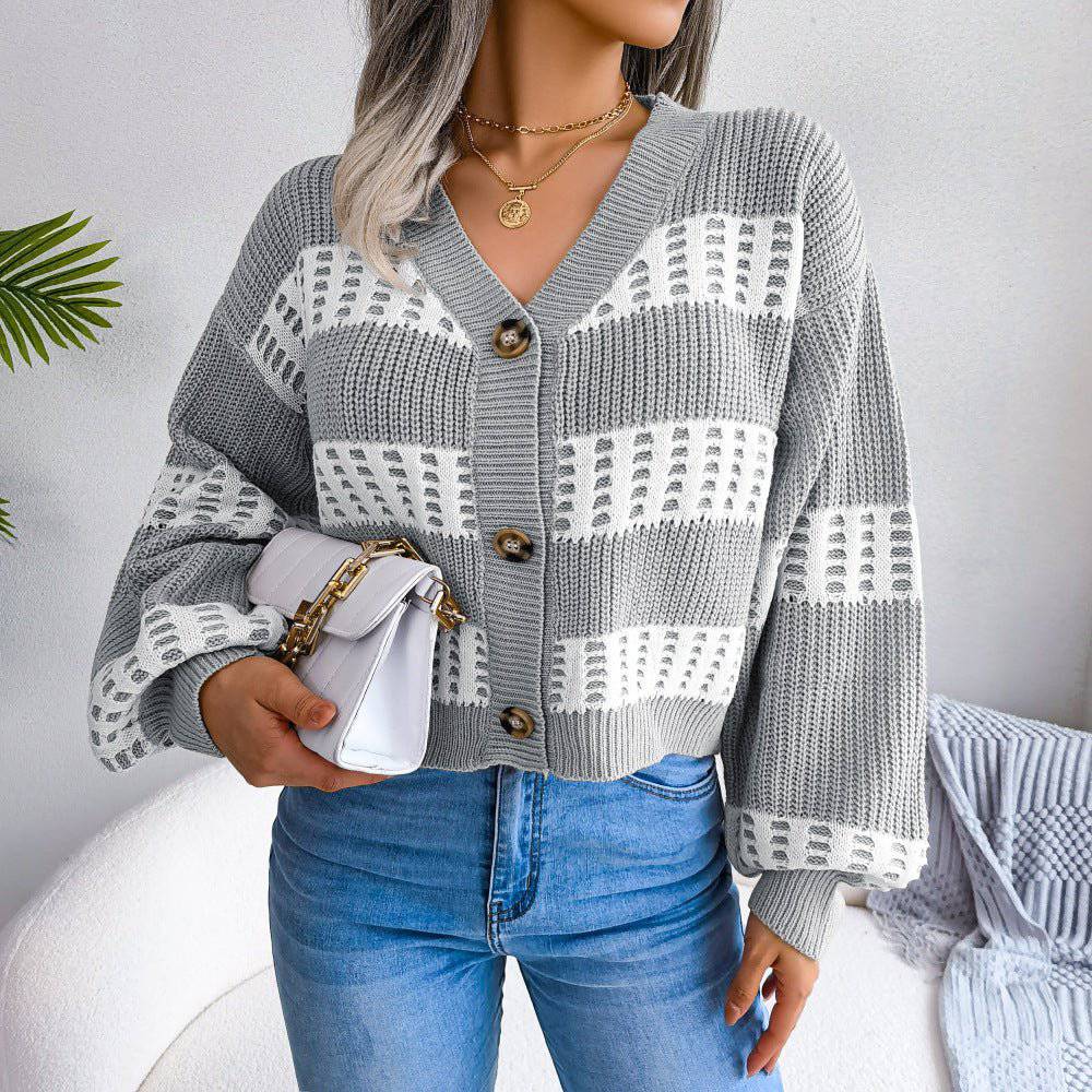 Elegant Cozy Lantern Sleeve Cardigan Sweater for Fall and Winter  S Gray 