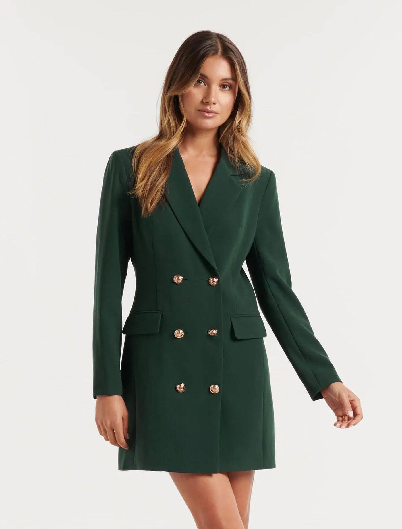 Elegant Double Breasted Slim Blazer Coat Dress  S Dark Green 