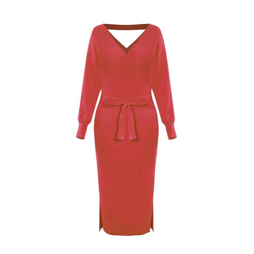 Elegant Double V Neck Knit Sweater Dress for Autumn and Winter  S-M Red 