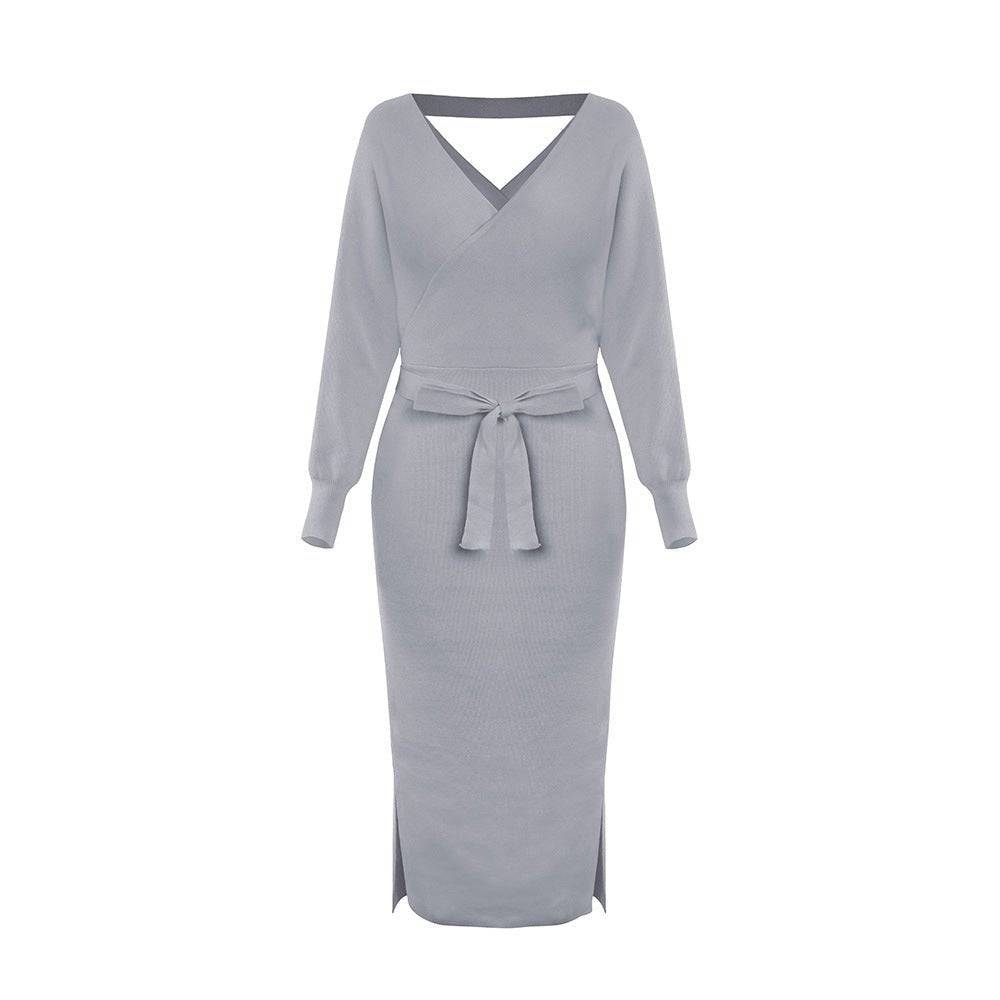 Elegant Double V Neck Knit Sweater Dress for Autumn and Winter  S-M Gray 