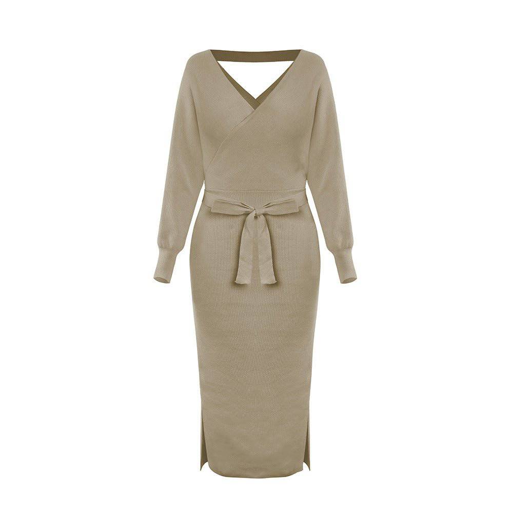 Elegant Double V Neck Knit Sweater Dress for Autumn and Winter  S-M Khaki 