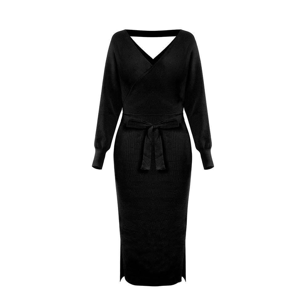 Elegant Double V Neck Knit Sweater Dress for Autumn and Winter  S-M Black 