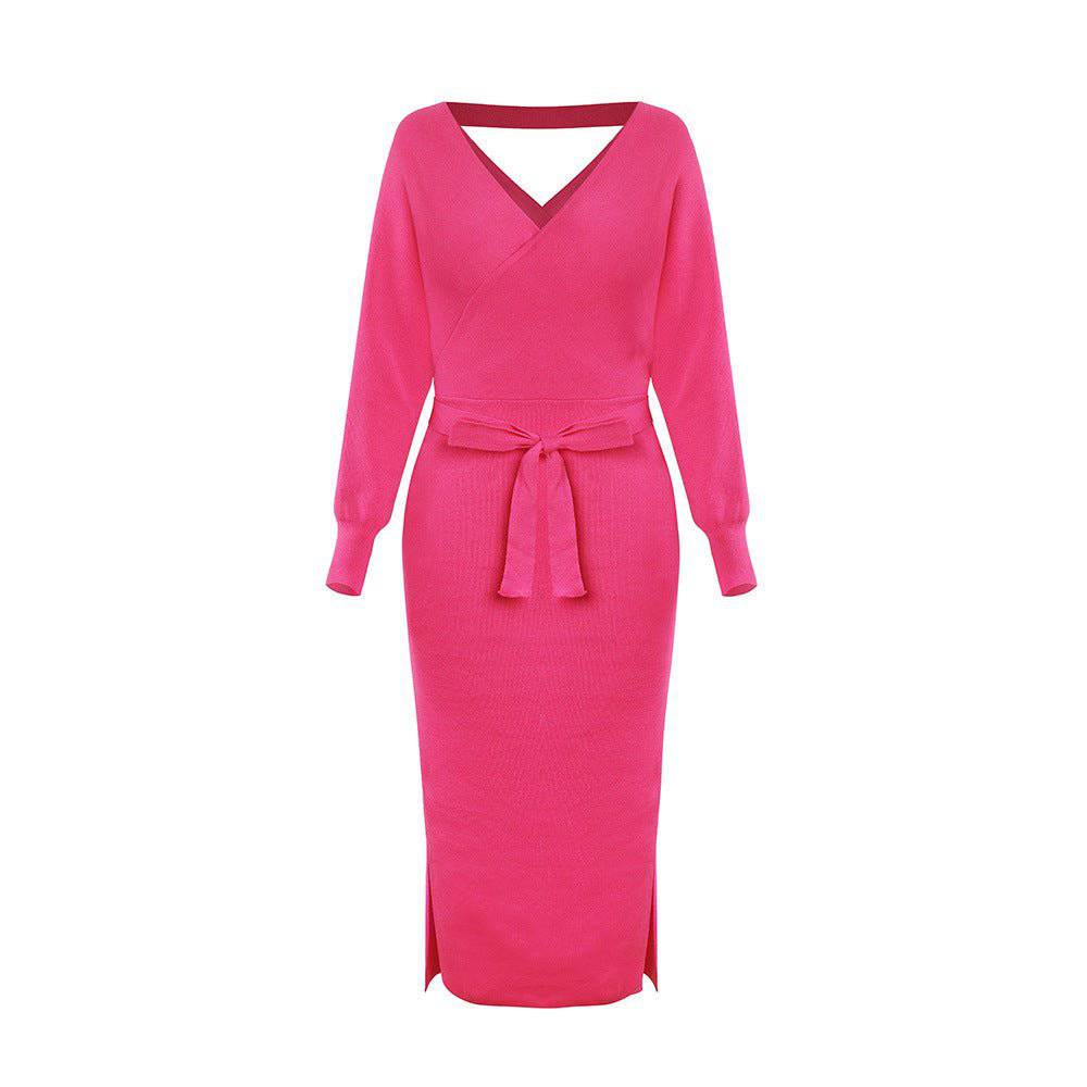 Elegant Double V Neck Knit Sweater Dress for Autumn and Winter  S-M Coral Red 