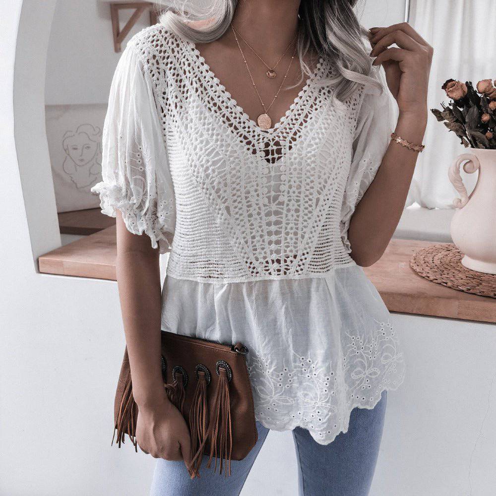 Elegant Embroidered Lace V-Neck Ruffle Top for Summer  One Size White 