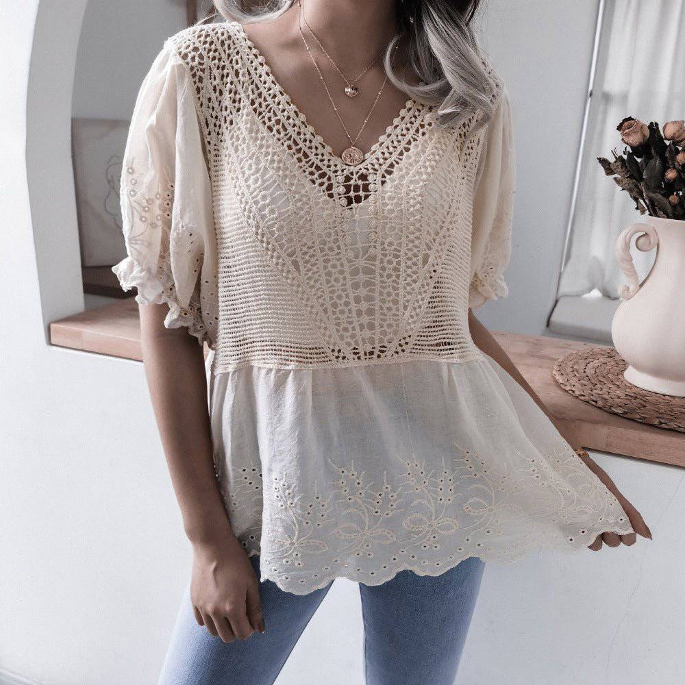 Elegant Embroidered Lace V-Neck Ruffle Top for Summer    