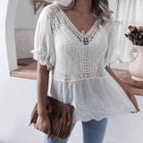 Elegant Embroidered Lace V-Neck Ruffle Top for Summer    