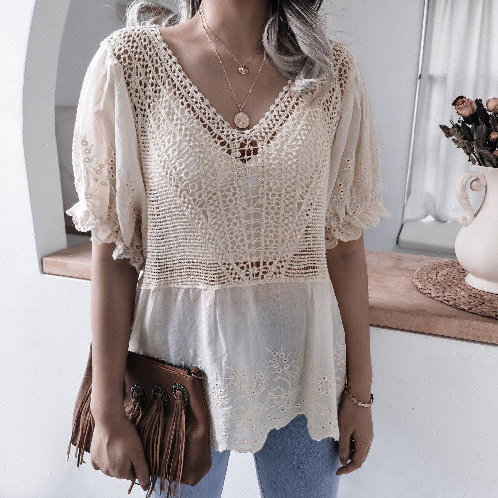 Elegant Embroidered Lace V-Neck Ruffle Top for Summer    