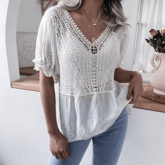 Elegant Embroidered Lace V-Neck Ruffle Top for Summer    