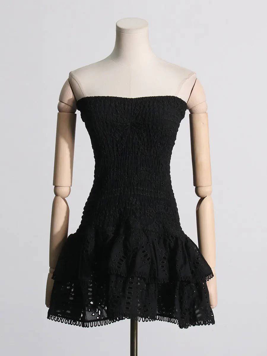 Elegant Embroidered Ruffled Tube Top Short Dress  S Black 