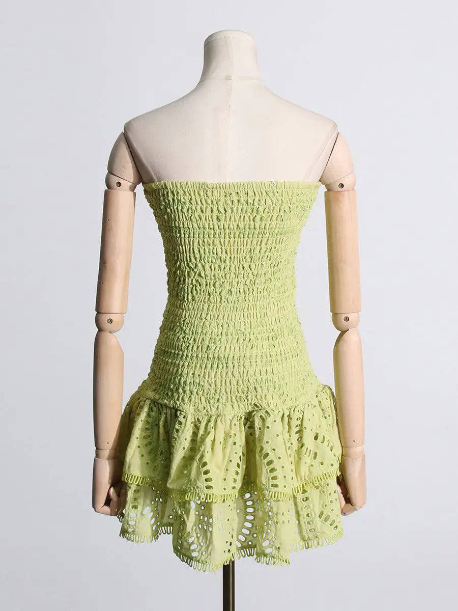 Elegant Embroidered Ruffled Tube Top Short Dress  S Green 