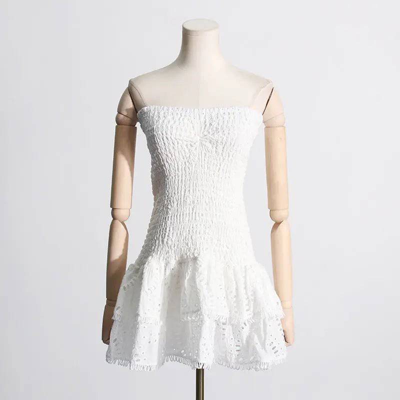 Elegant Embroidered Ruffled Tube Top Short Dress  S White 