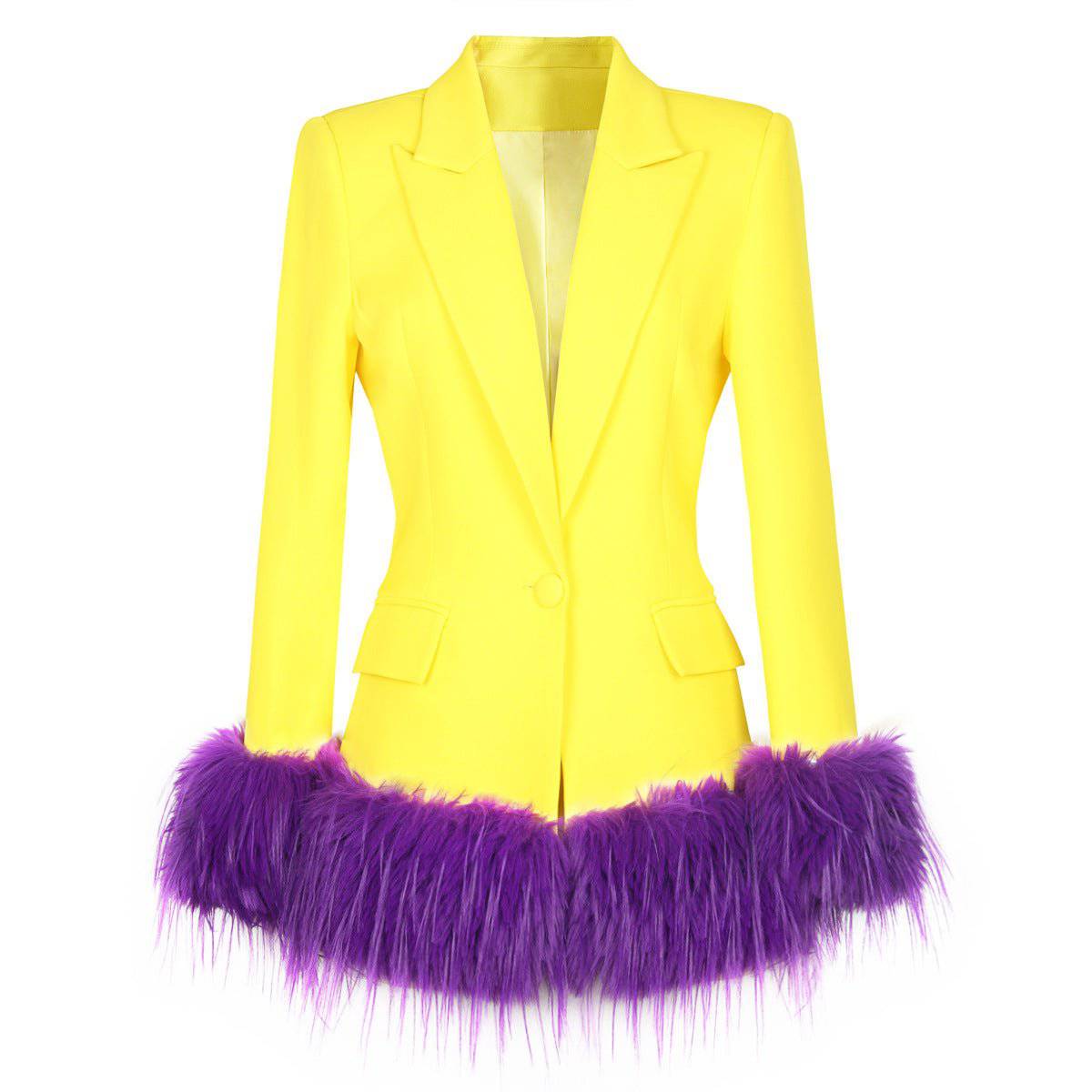 Elegant Fall Winter Blazer with Detachable Feather  S Yellow 