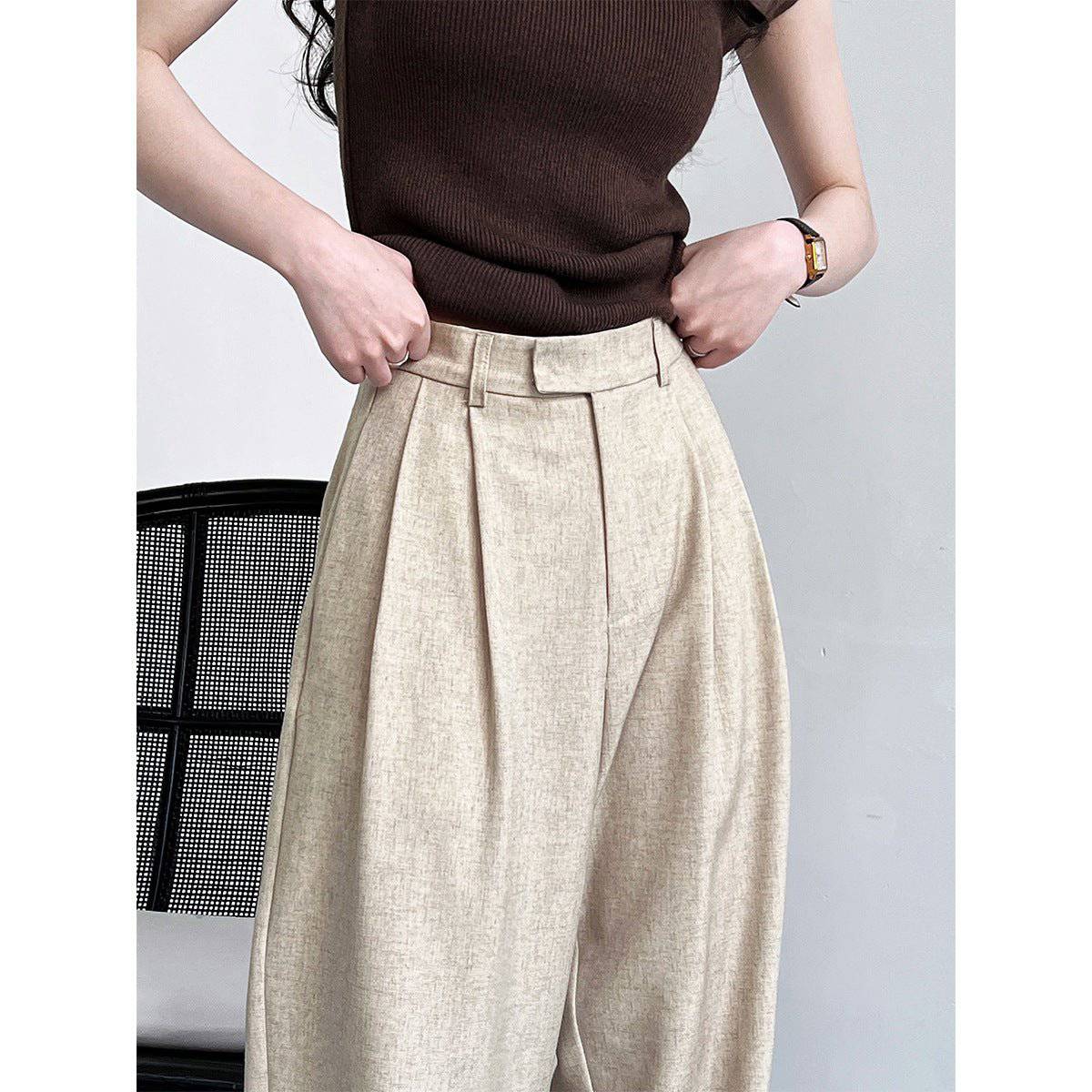 Elegant Faux Linen High-Rise Wide Leg Pants for Women    