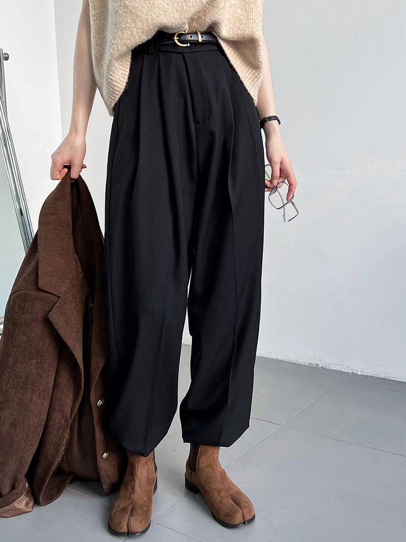 Elegant Faux Linen High-Rise Wide Leg Pants for Women  M（模特尺码） Black 