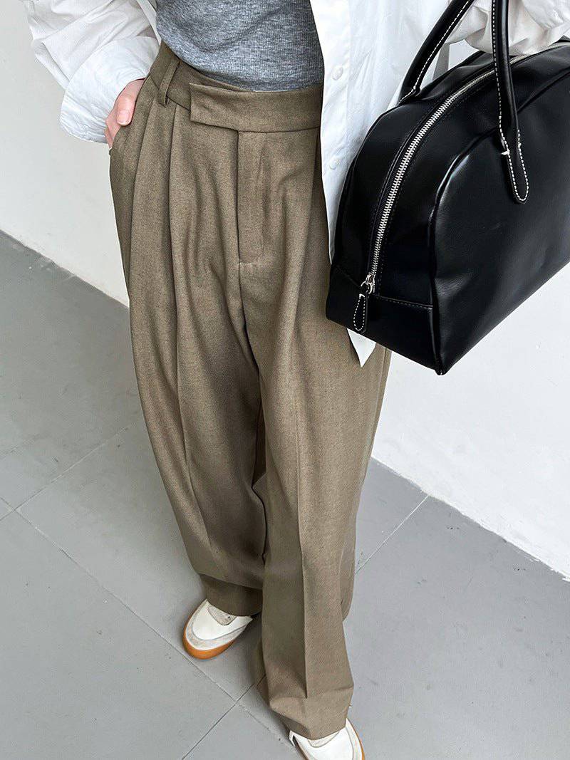 Elegant Faux Linen High-Rise Wide Leg Pants for Women  M（模特尺码） Khaki 