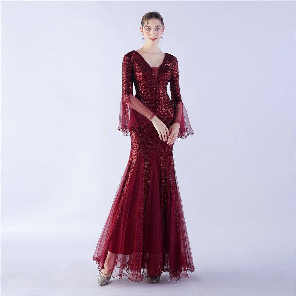 Elegant Fish Silk Evening Dress with Lace, Tulle, and Sequin Detail  S Jujube Red 