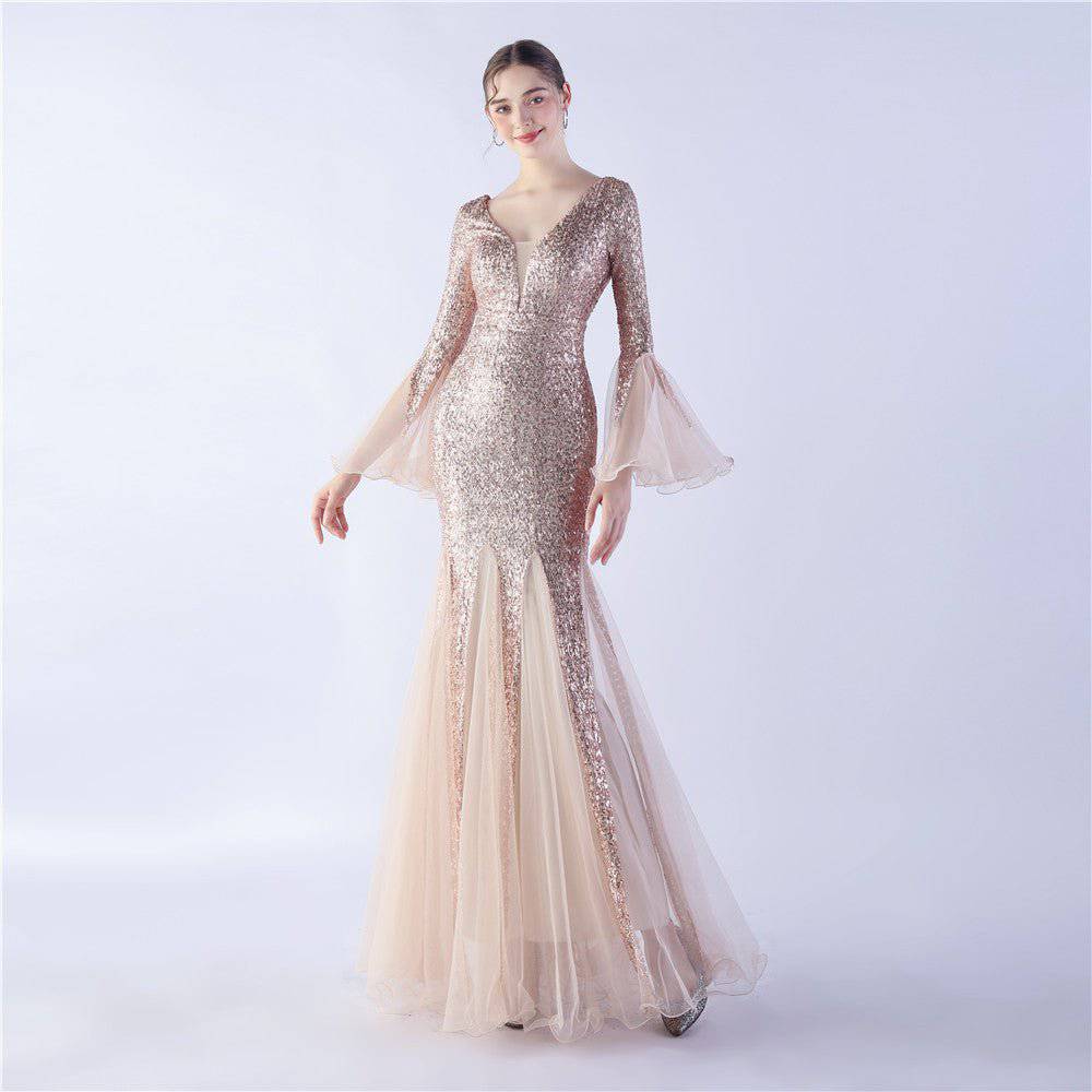 Elegant Fish Silk Evening Dress with Lace, Tulle, and Sequin Detail  S Gold 