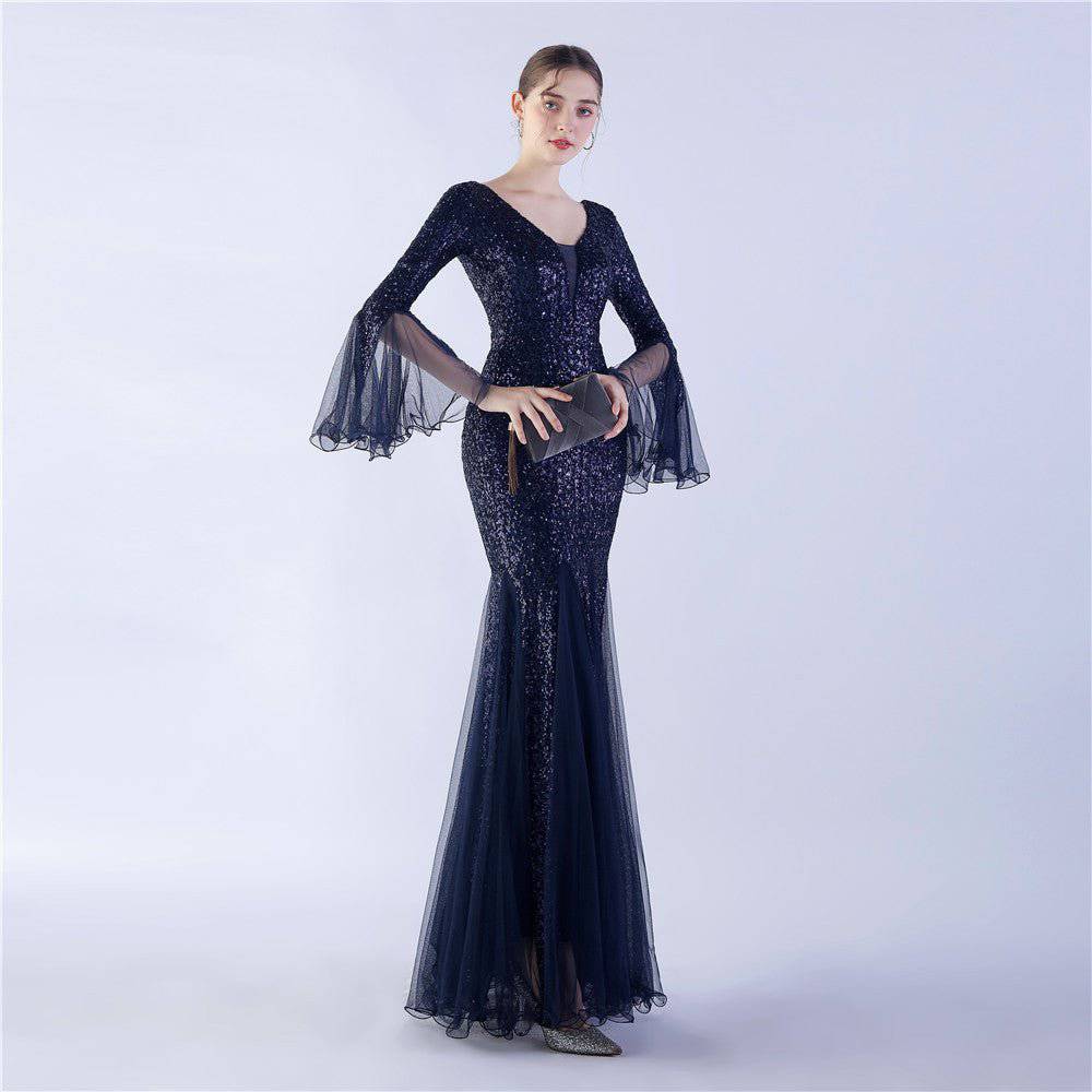 Elegant Fish Silk Evening Dress with Lace, Tulle, and Sequin Detail  S Purplish Blue 