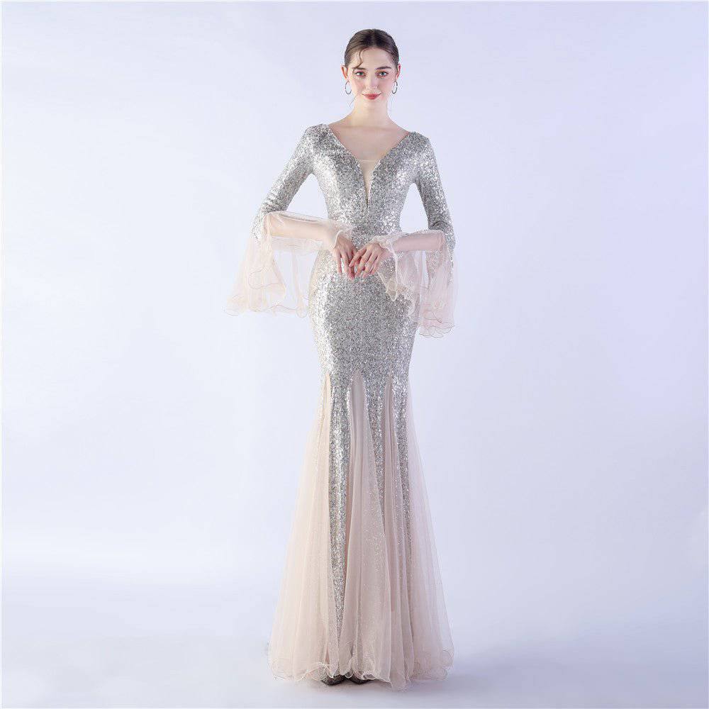 Elegant Fish Silk Evening Dress with Lace, Tulle, and Sequin Detail  S Apricot Silver 