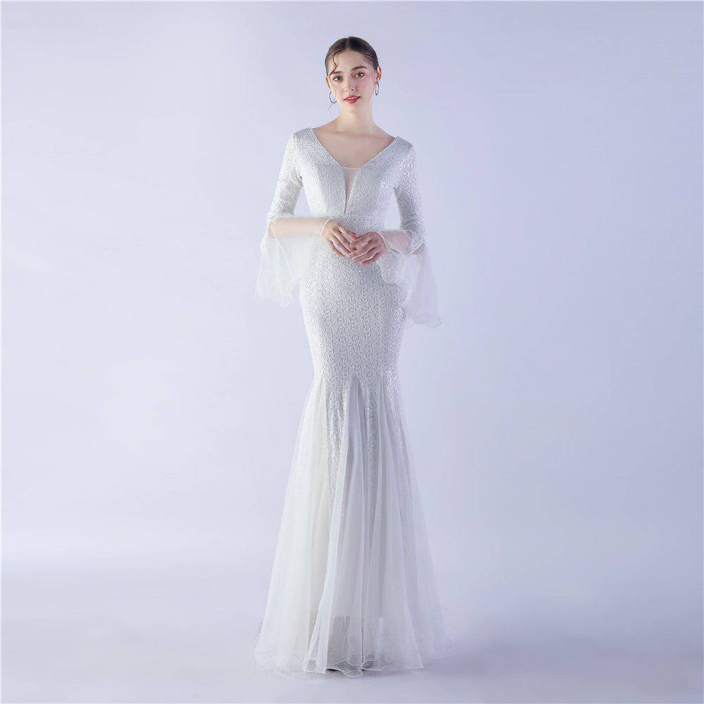 Elegant Fish Silk Evening Dress with Lace, Tulle, and Sequin Detail  S White 