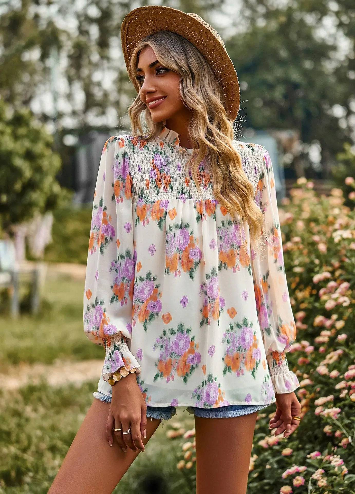 Elegant Floral Print Double Layer Top for Women - Spring/Summer Fashion  S Purple 