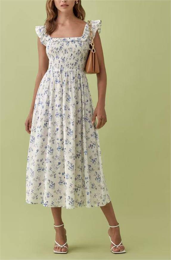 Elegant Floral Print Ruffle Sleeve Midi Dress for Women    