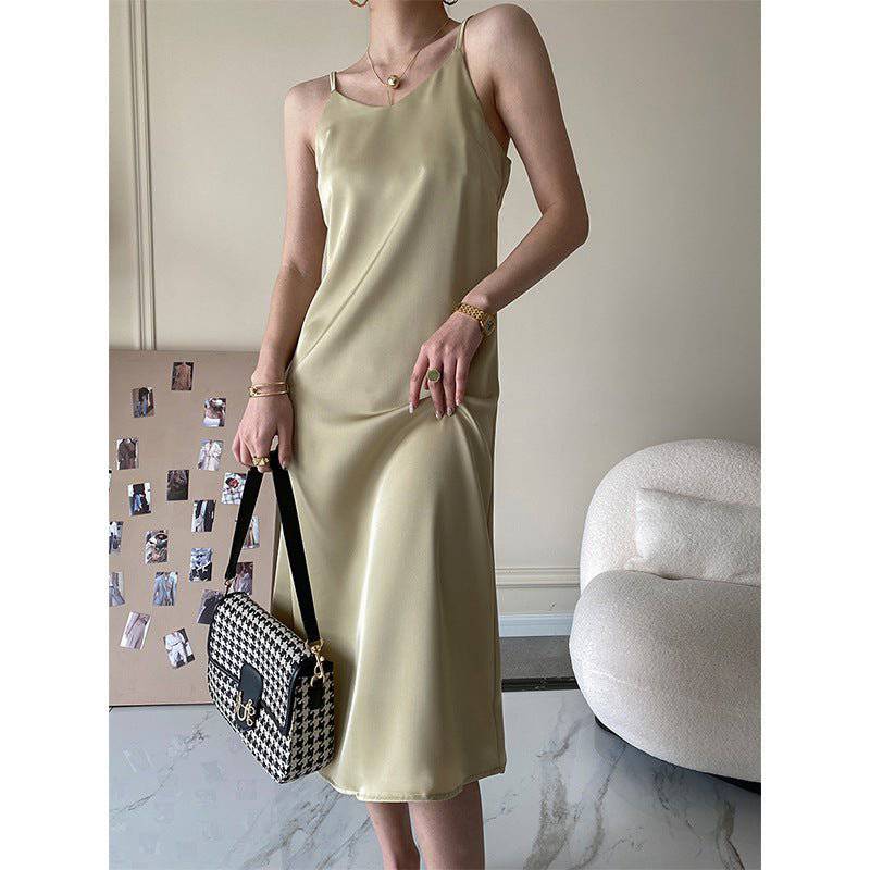 Elegant French Acetate Draping Satin Cami Maxi Dress for Women    