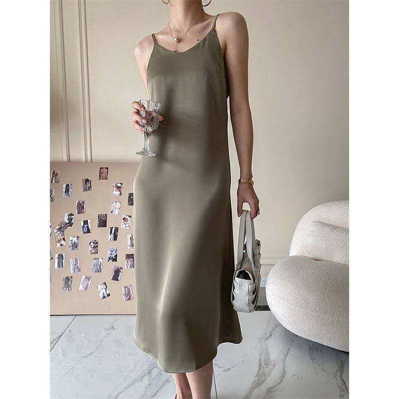 Elegant French Acetate Draping Satin Cami Maxi Dress for Women  S Olive Green 