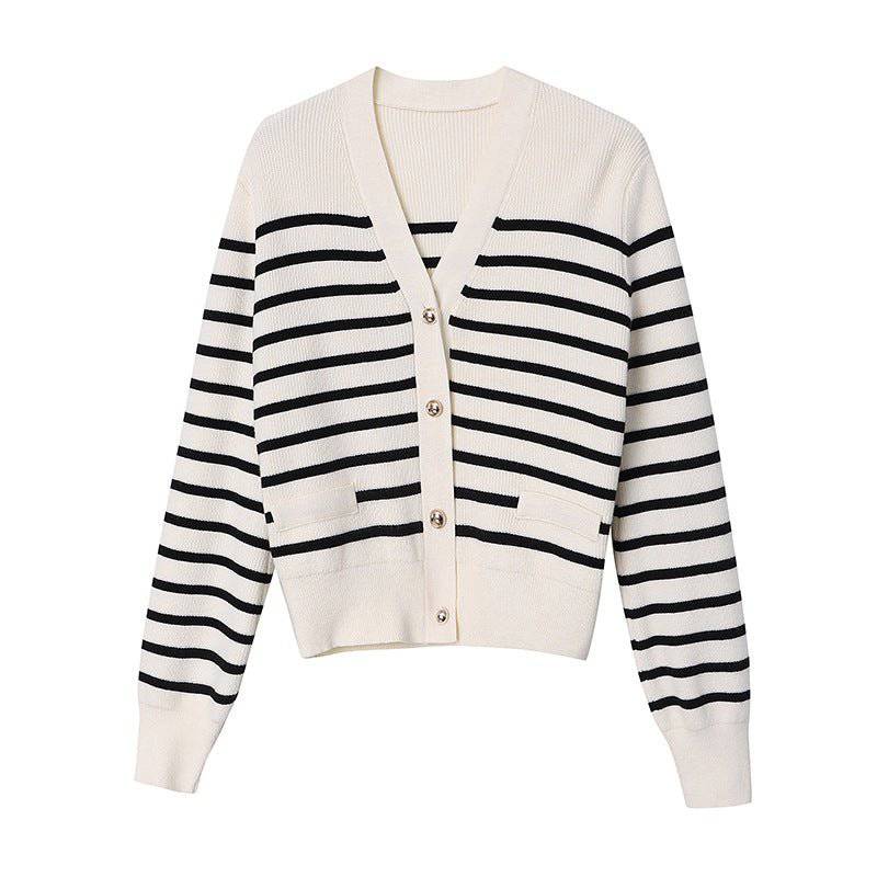 Elegant French Striped V Neck Knitted Cardigan for Early Autumn    