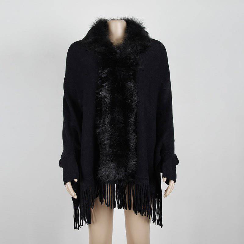 Elegant Fur Collar Tassel Cape Shawl with Fringe Embellishment  One Size Black 