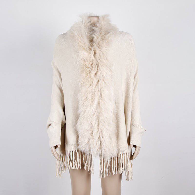 Elegant Fur Collar Tassel Cape Shawl with Fringe Embellishment  One Size Apricot 