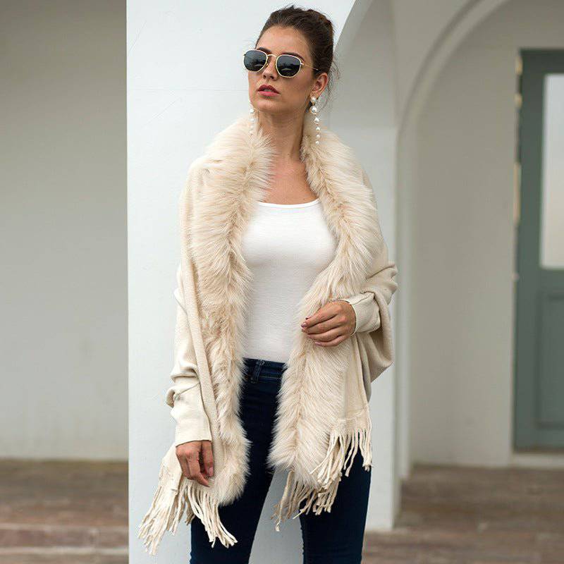 Elegant Fur Collar Tassel Cape Shawl with Fringe Embellishment    